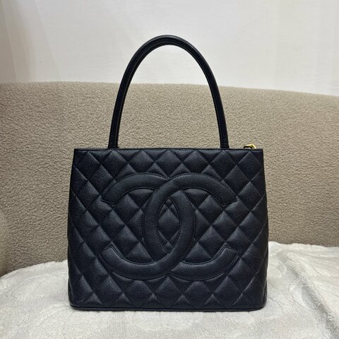 中古 Chanel 香奈兒 黑色 荔枝皮 魚子醬皮革 復古 圓牌托特包