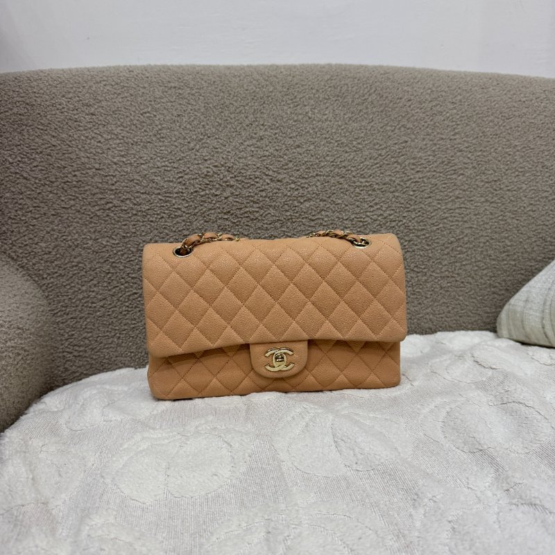 中古 Chanel 香奈兒 CF25 中型 經典 米白色 金色五金 小羊皮 口蓋包-0