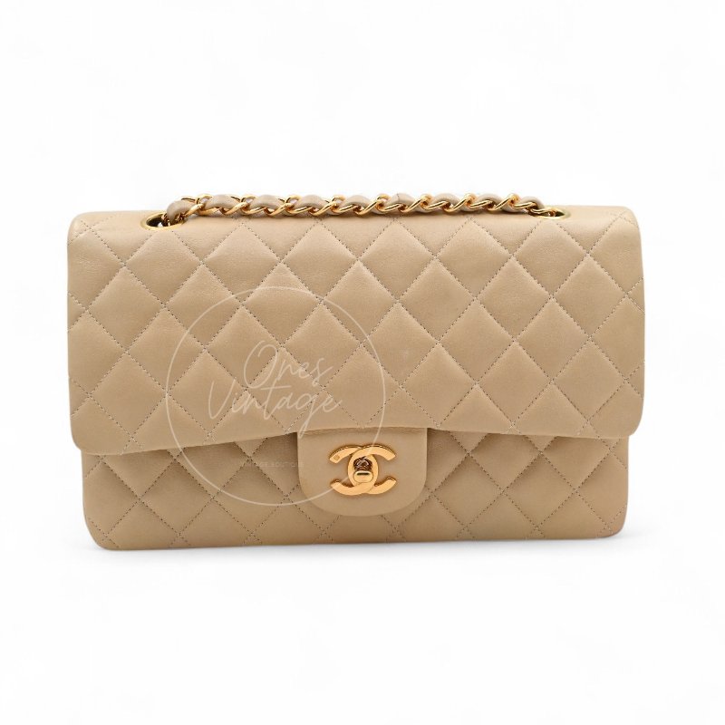 中古 Chanel 香奈兒 CF25 中型 經典 米白色 金色五金 小羊皮 口蓋包-5