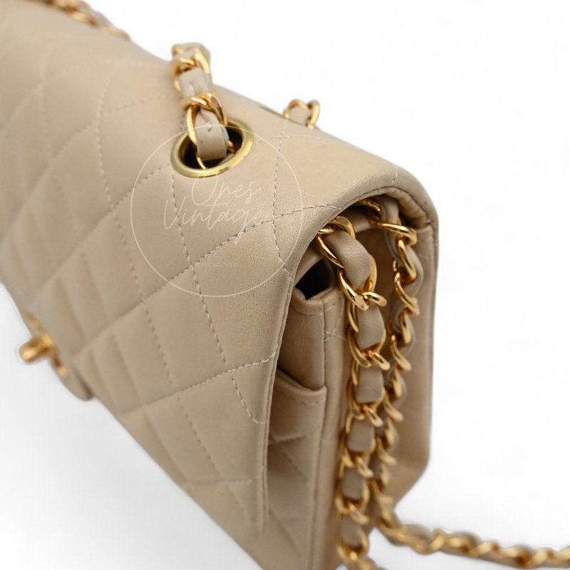 中古 Chanel 香奈兒 CF25 中型 經典 米白色 金色五金 小羊皮 口蓋包-10