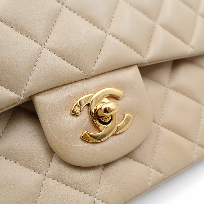 中古 Chanel 香奈兒 CF25 中型 經典 米白色 金色五金 小羊皮 口蓋包-21