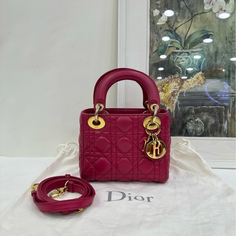 Dior 迪奧lady 三格戴妃包 紫粉色金扣 小羊皮 16年標