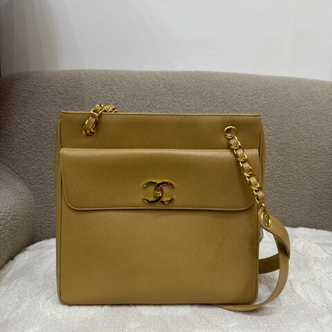 中古 Chanel 香奈兒 米色 荔枝皮 魚子醬皮革CC 托特包