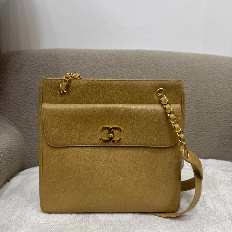 中古 Chanel 香奈兒 米色 荔枝皮 魚子醬皮革CC 托特包-0