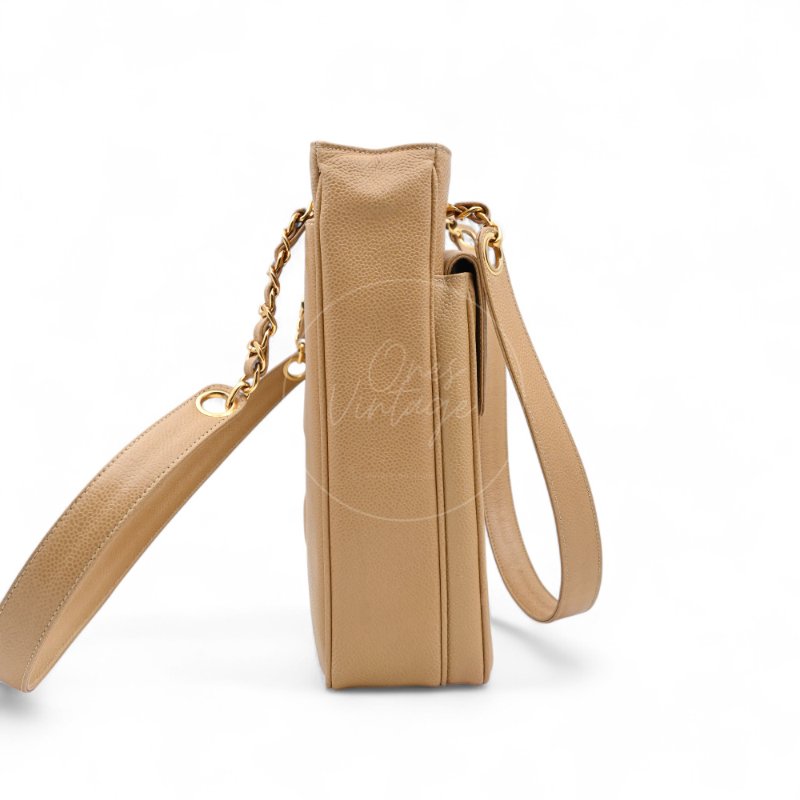 中古 Chanel 香奈兒 米色 荔枝皮 魚子醬皮革CC 托特包-1