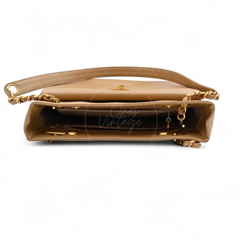 中古 Chanel 香奈兒 米色 荔枝皮 魚子醬皮革CC 托特包-4