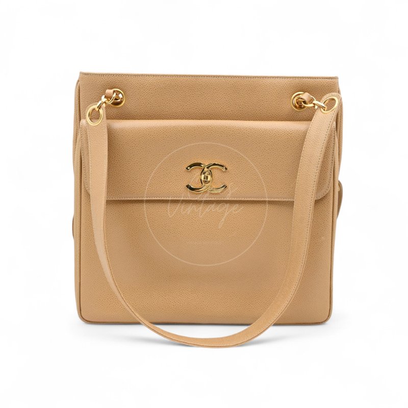 中古 Chanel 香奈兒 米色 荔枝皮 魚子醬皮革CC 托特包-5