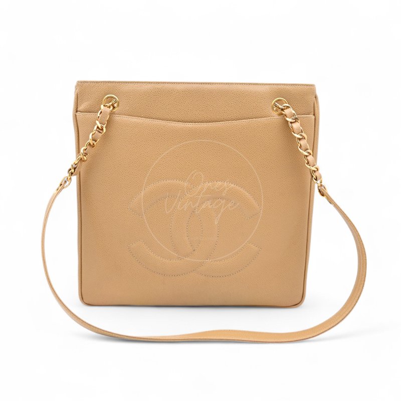 中古 Chanel 香奈兒 米色 荔枝皮 魚子醬皮革CC 托特包-6