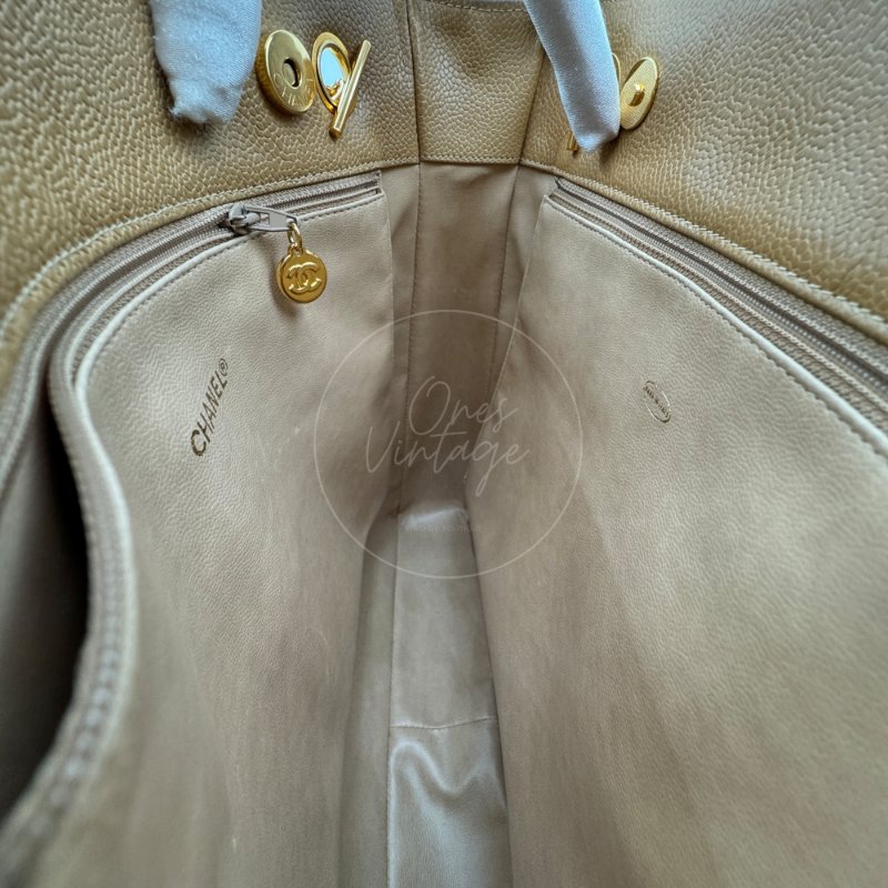 中古 Chanel 香奈兒 米色 荔枝皮 魚子醬皮革CC 托特包-12