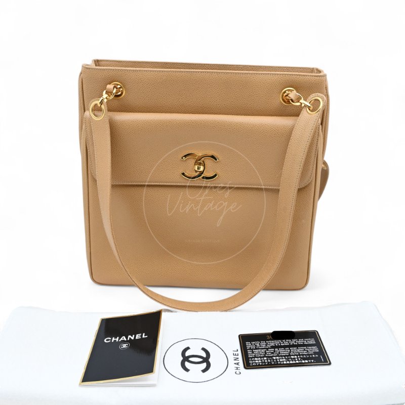 中古 Chanel 香奈兒 米色 荔枝皮 魚子醬皮革CC 托特包-25