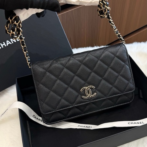 全新Chanel香奈兒 黑金荔枝牛皮鏤空水鑽雙C發財woc鏈條斜挎包