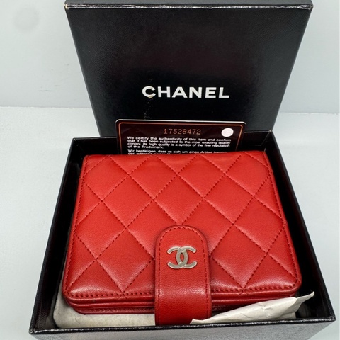 98新Chanel 香奈兒菱格紋錢包 17開 紅銀