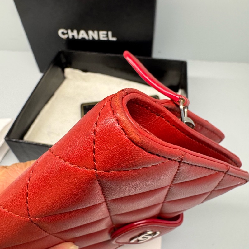 98新Chanel 香奈兒菱格紋錢包 17開 紅銀-4