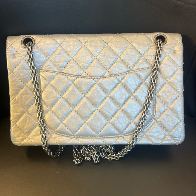CHANEL 香奈兒 銀色2.55中號單肩斜挎鏈條包 15開-1