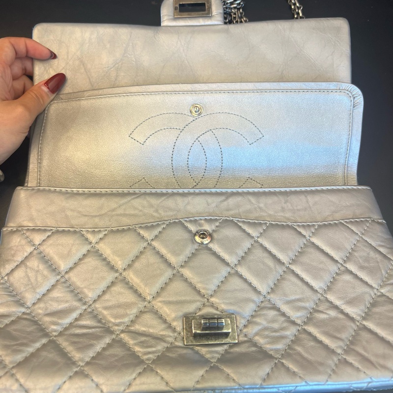 CHANEL 香奈兒 銀色2.55中號單肩斜挎鏈條包 15開-6
