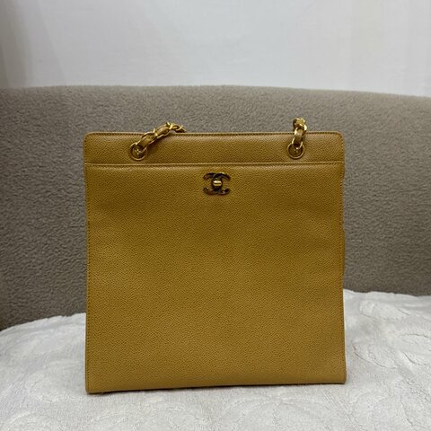 中古 Chanel 香奈兒 米色 荔枝皮 魚子醬皮革 托特包 Tote Bag
