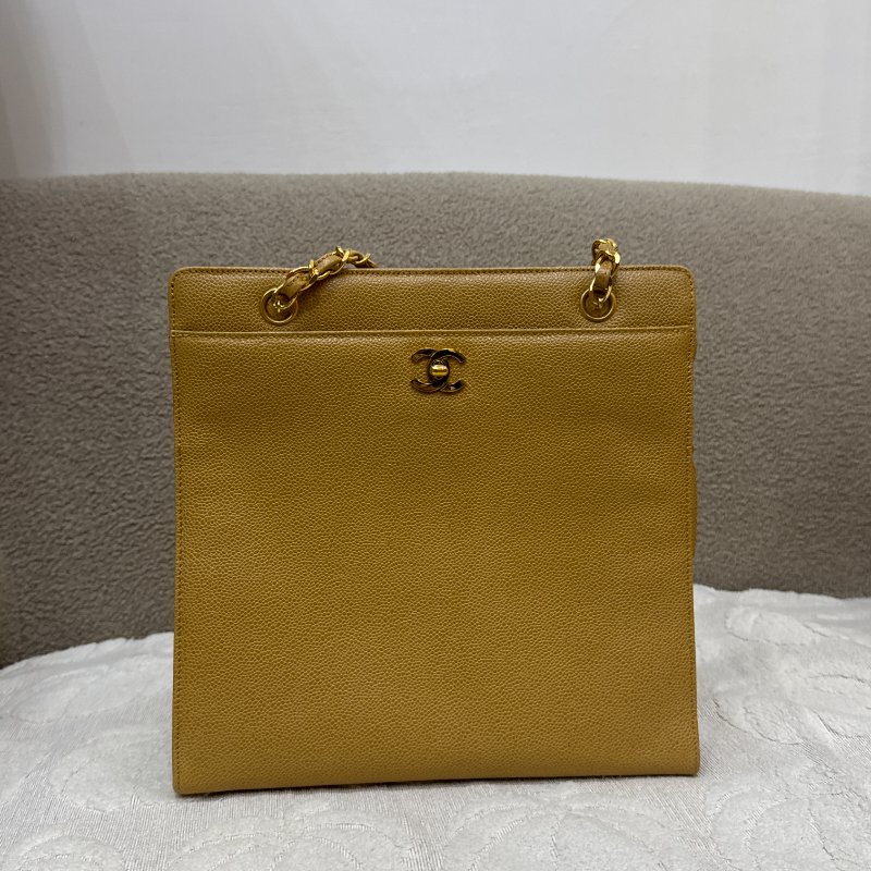 中古 Chanel 香奈兒 米色 荔枝皮 魚子醬皮革 托特包 Tote Bag-0