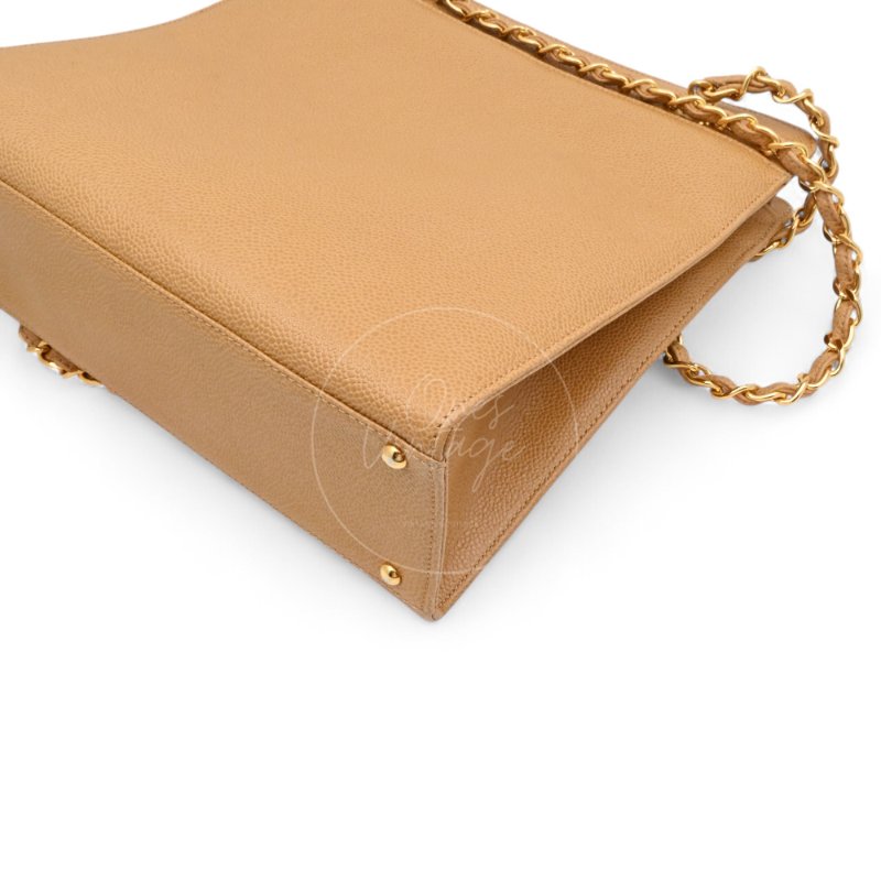 中古 Chanel 香奈兒 米色 荔枝皮 魚子醬皮革 托特包 Tote Bag-11