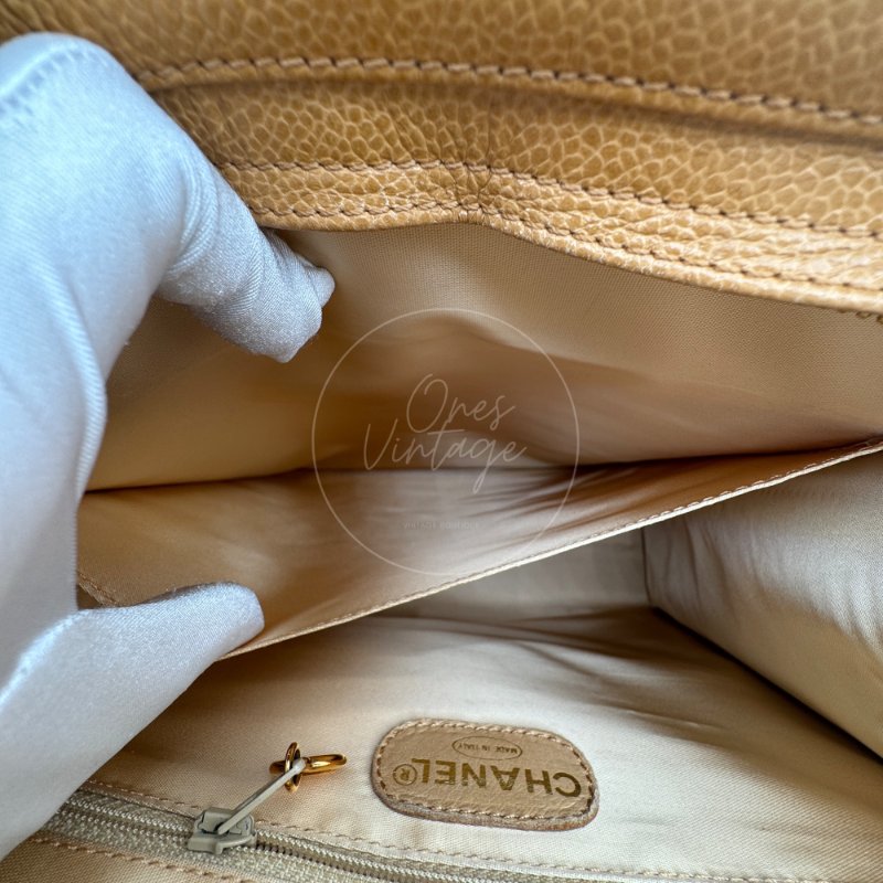 中古 Chanel 香奈兒 米色 荔枝皮 魚子醬皮革 托特包 Tote Bag-19