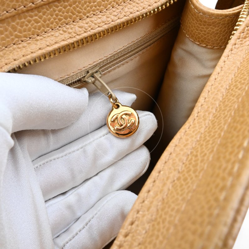 中古 Chanel 香奈兒 米色 荔枝皮 魚子醬皮革 托特包 Tote Bag-24