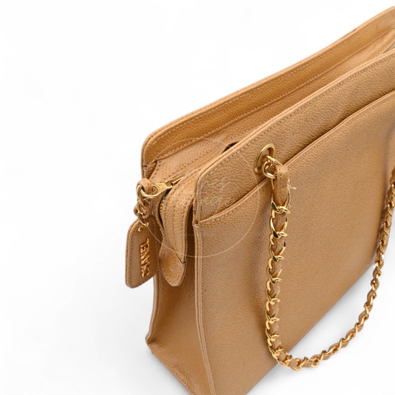 中古 Chanel 香奈兒 米色 荔枝皮 魚子醬皮革 托特包 Tote Bag-28