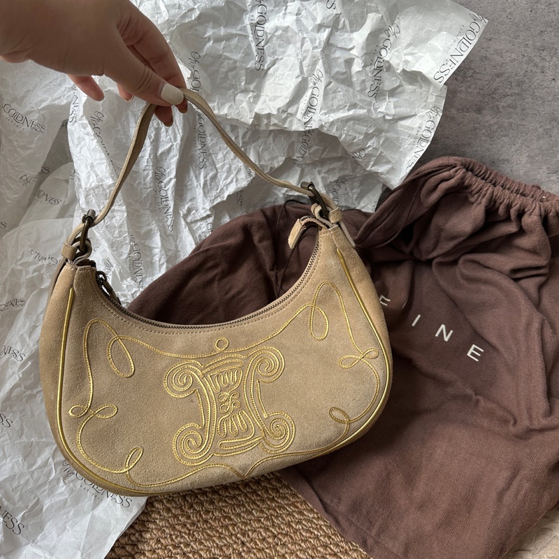 中古包 Celine Vintage 稀有凱旋門圖騰半月hobo包-1