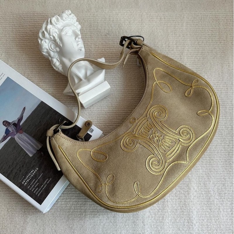 中古包 Celine Vintage 稀有凱旋門圖騰半月hobo包-8