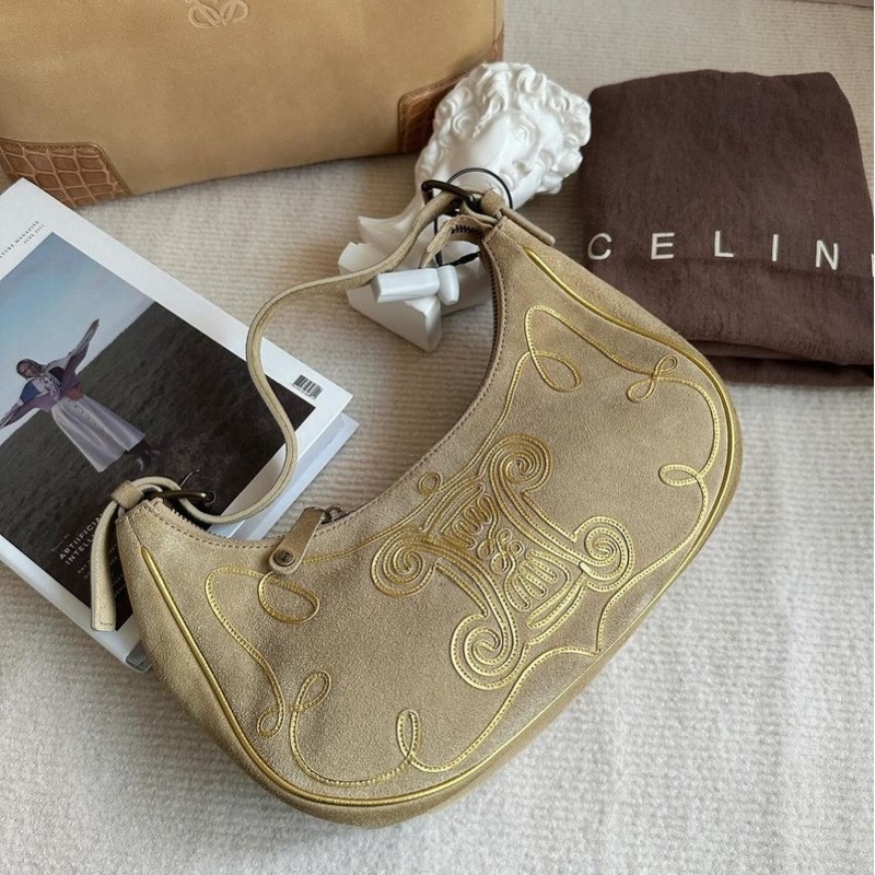 中古包 Celine Vintage 稀有凱旋門圖騰半月hobo包-9