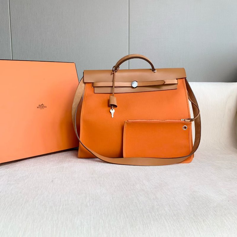 ️Hermes Herbag39 橙色拼金棕 銀扣 帆布拼皮 39*32*15 99新配件子袋 鑰匙 鎖-1