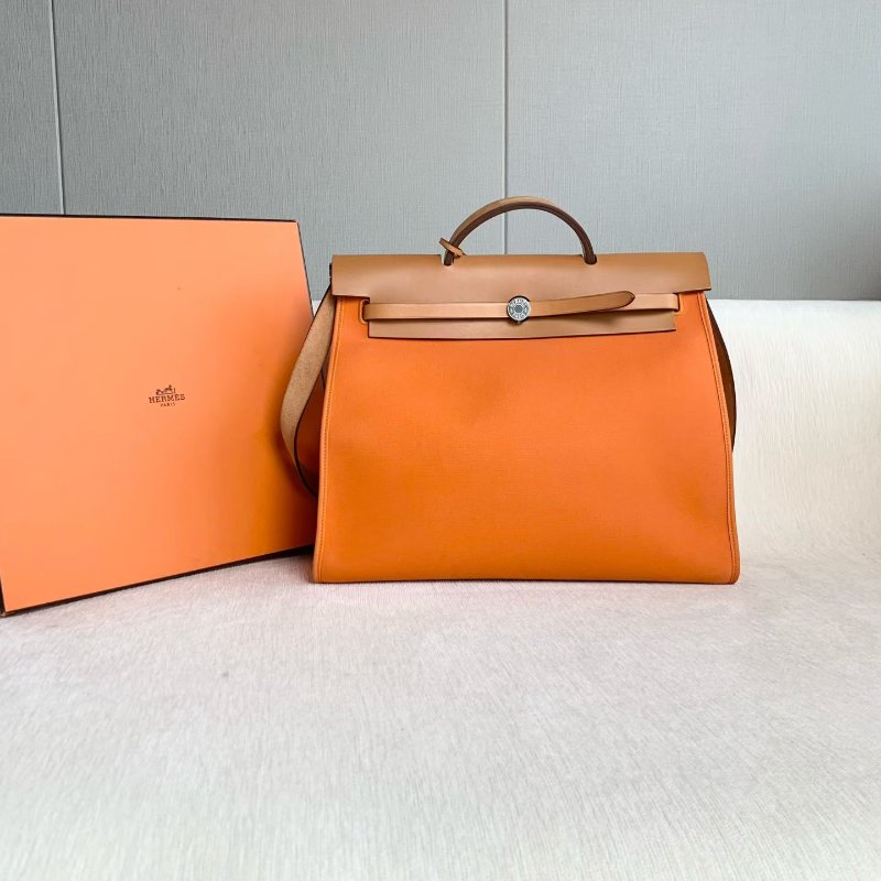 ️Hermes Herbag39 橙色拼金棕 銀扣 帆布拼皮 39*32*15 99新配件子袋 鑰匙 鎖-2