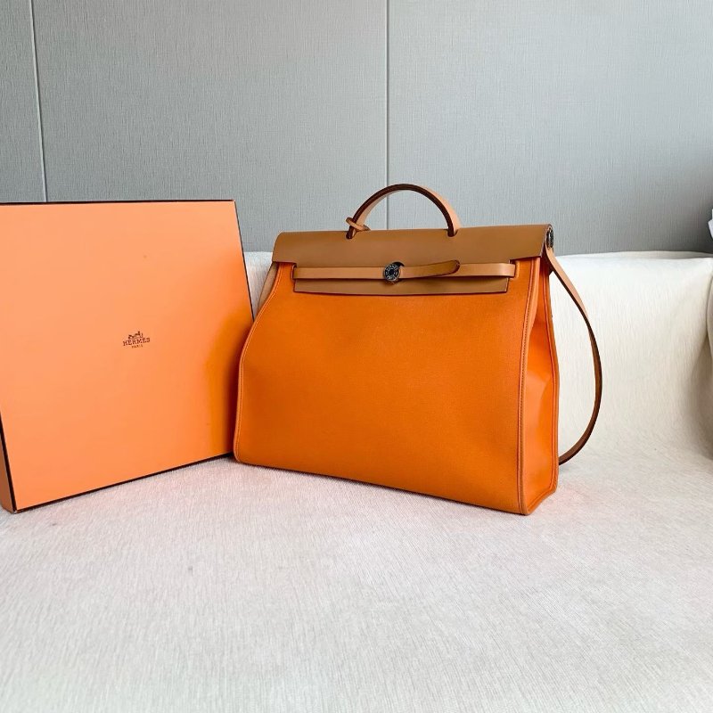 ️Hermes Herbag39 橙色拼金棕 銀扣 帆布拼皮 39*32*15 99新配件子袋 鑰匙 鎖-3