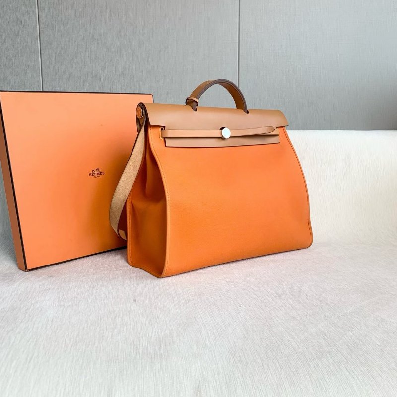️Hermes Herbag39 橙色拼金棕 銀扣 帆布拼皮 39*32*15 99新配件子袋 鑰匙 鎖-5