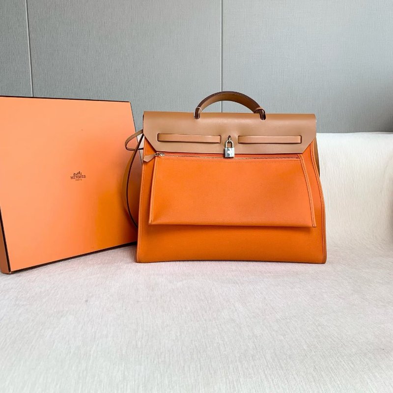 ️Hermes Herbag39 橙色拼金棕 銀扣 帆布拼皮 39*32*15 99新配件子袋 鑰匙 鎖-6