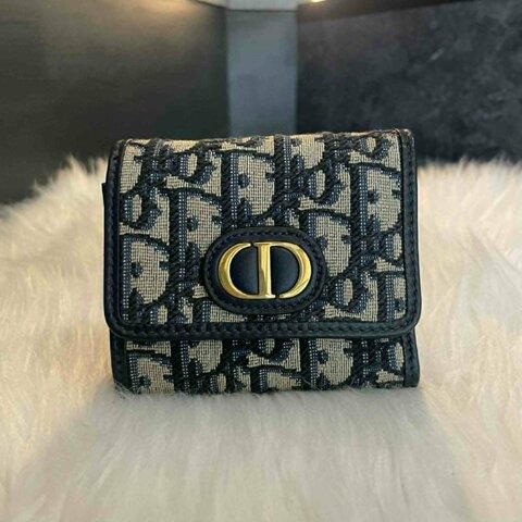 DIOR 緹花布CD釦式短夾 藍色
