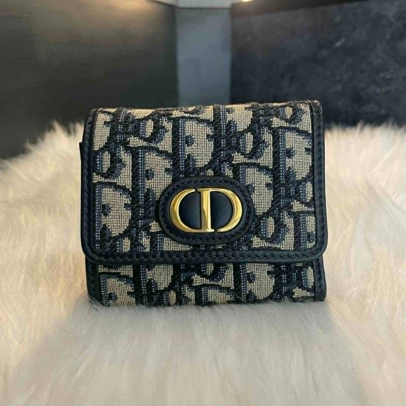DIOR 緹花布CD釦式短夾 藍色-0