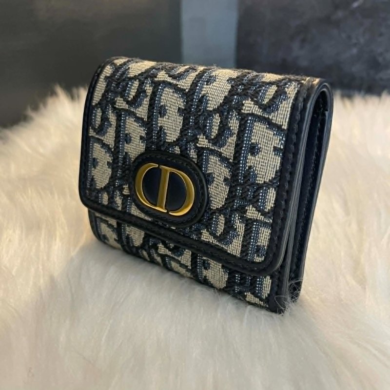 DIOR 緹花布CD釦式短夾 藍色-1