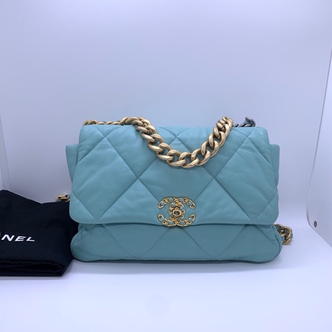 CHANEL香奈兒 19bag 天藍色 菱格紋 羊皮 金扣 鏈條包