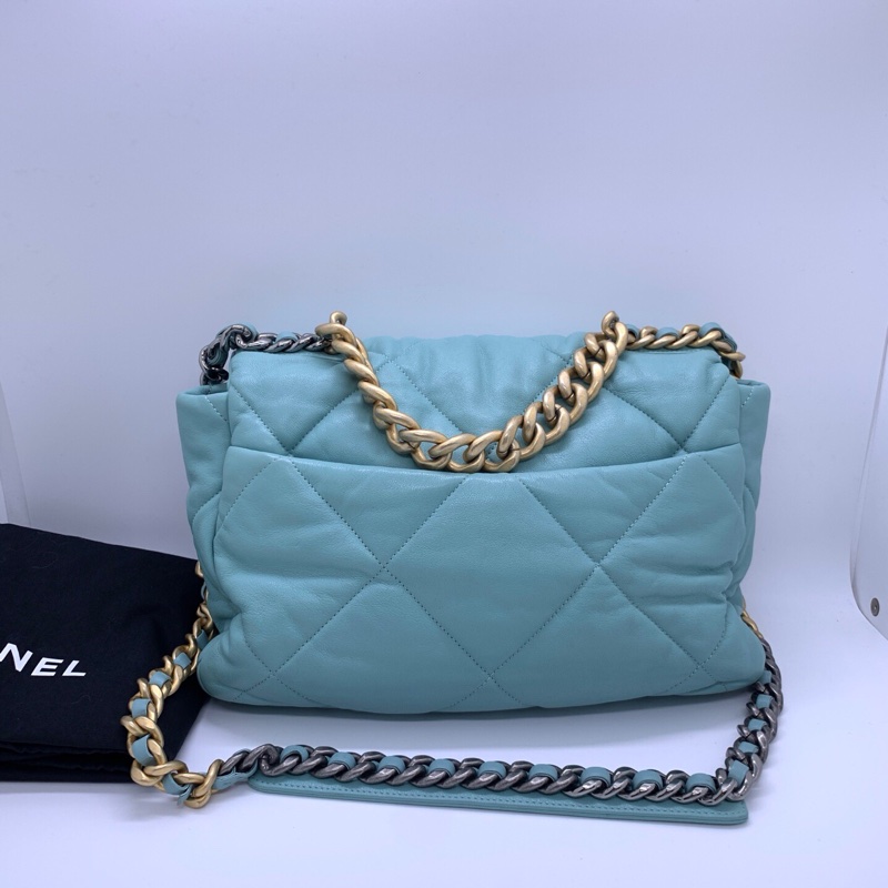 CHANEL香奈兒 19bag 天藍色 菱格紋 羊皮 金扣 鏈條包-1