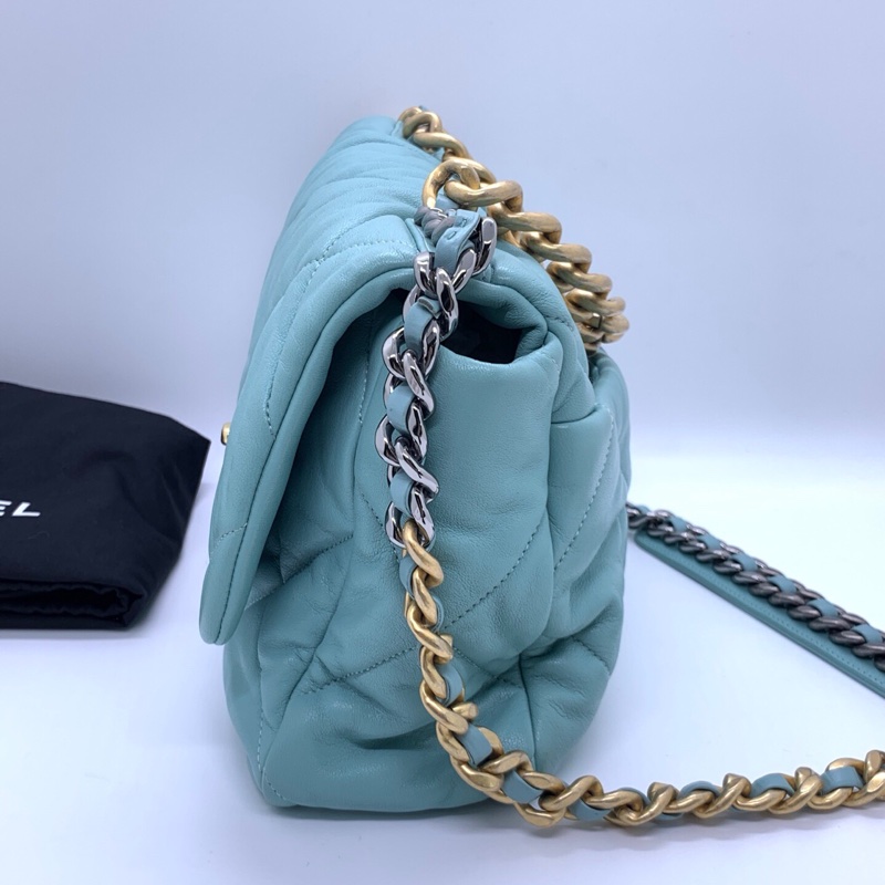 CHANEL香奈兒 19bag 天藍色 菱格紋 羊皮 金扣 鏈條包-2
