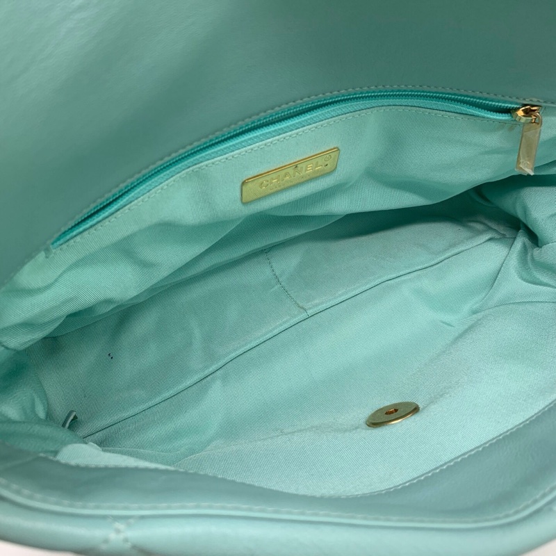 CHANEL香奈兒 19bag 天藍色 菱格紋 羊皮 金扣 鏈條包-3