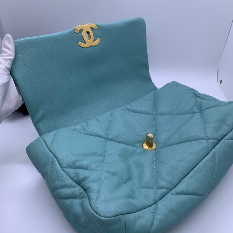 CHANEL香奈兒 19bag 天藍色 菱格紋 羊皮 金扣 鏈條包-4