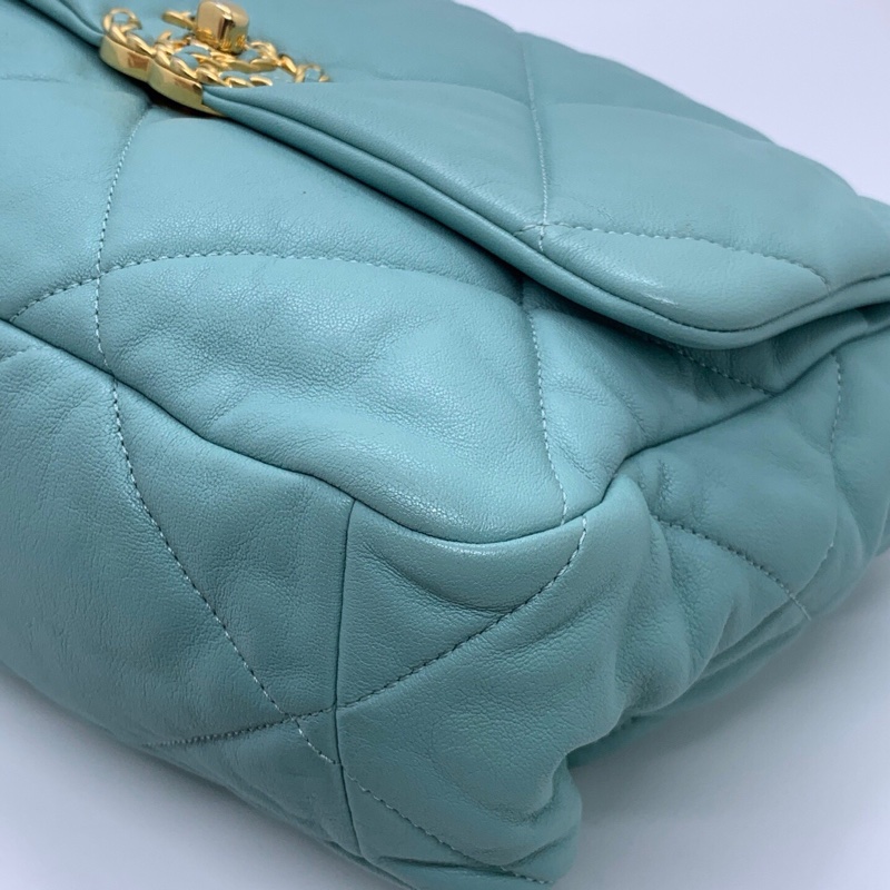 CHANEL香奈兒 19bag 天藍色 菱格紋 羊皮 金扣 鏈條包-6