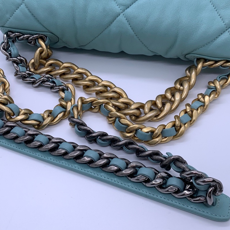 CHANEL香奈兒 19bag 天藍色 菱格紋 羊皮 金扣 鏈條包-7