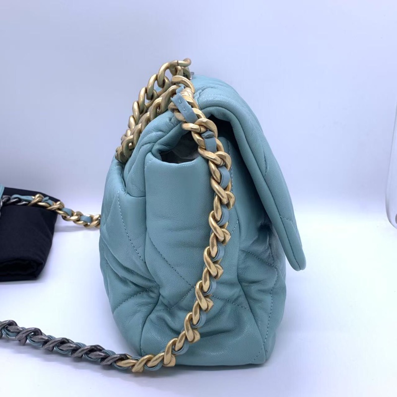 CHANEL香奈兒 19bag 天藍色 菱格紋 羊皮 金扣 鏈條包-8
