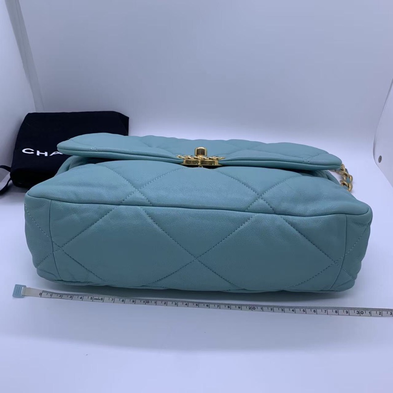 CHANEL香奈兒 19bag 天藍色 菱格紋 羊皮 金扣 鏈條包-9