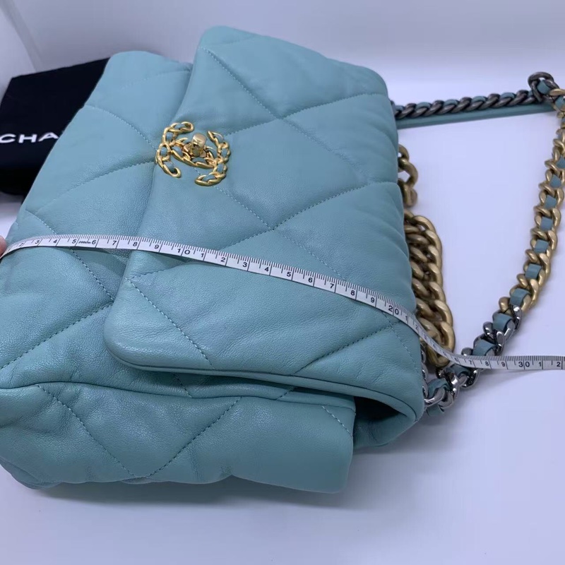 CHANEL香奈兒 19bag 天藍色 菱格紋 羊皮 金扣 鏈條包-10