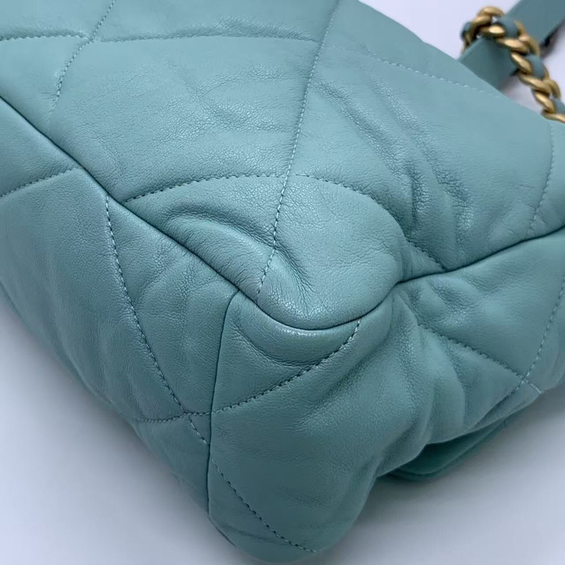 CHANEL香奈兒 19bag 天藍色 菱格紋 羊皮 金扣 鏈條包-12