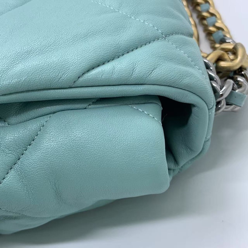 CHANEL香奈兒 19bag 天藍色 菱格紋 羊皮 金扣 鏈條包-14