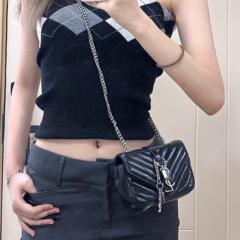 Ysl聖羅蘭 College黑色銀扣迷你mini郵差包 底長17-6