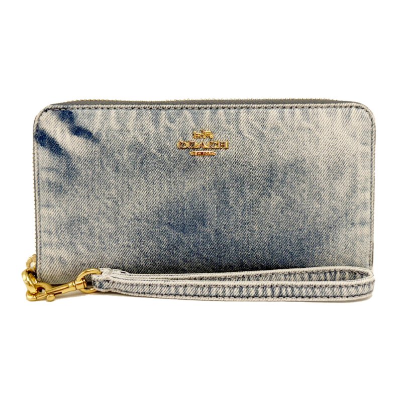 [全新] COACH 素面牛仔布女款手掛式拉鍊零錢袋長夾(牛仔淺藍)-0